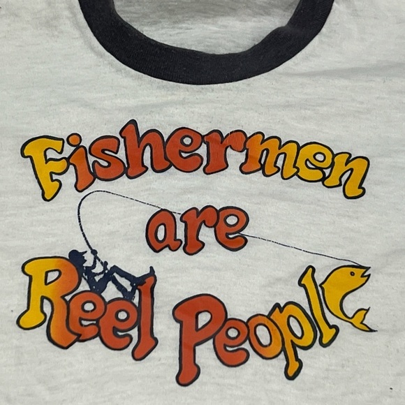 Vintage 1980s Fisherman Are Reel People Ringer 80s Crewneck Tee Top Shirt - Picture 2 of 4